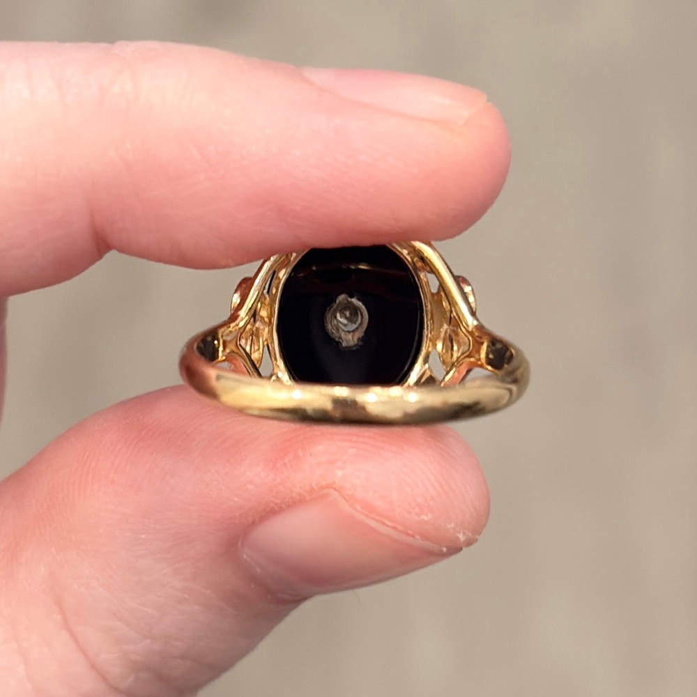 Vintage 14K Art Deco Onyx Diamond Ring, Yellow Gold Black Oval Size 7.25 - Picture 15 of 17